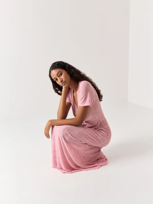 Women's dress, maxi, size S, with short sleeves, polyester, Pink, Flowers, Umina, image-7