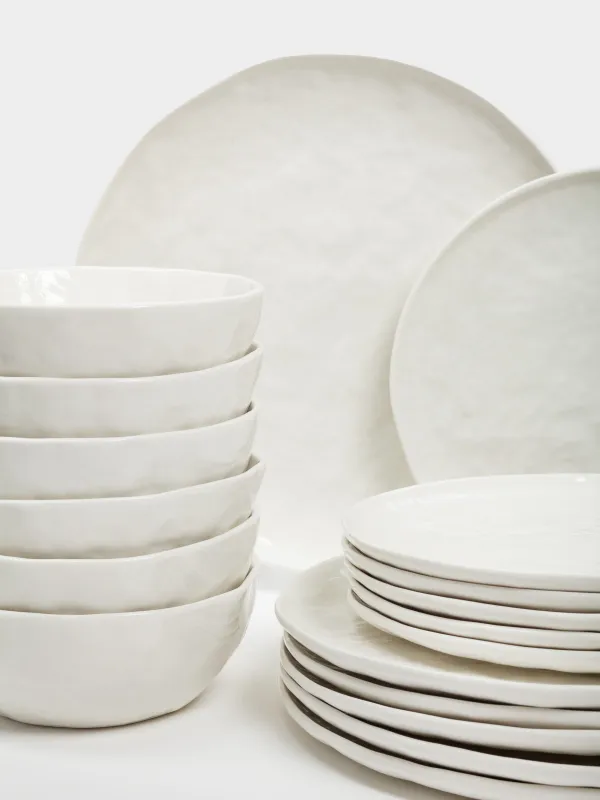 Dining set, 6 persons, 18 items, ceramic, white, Crumpled effect, Egaleo, image-1