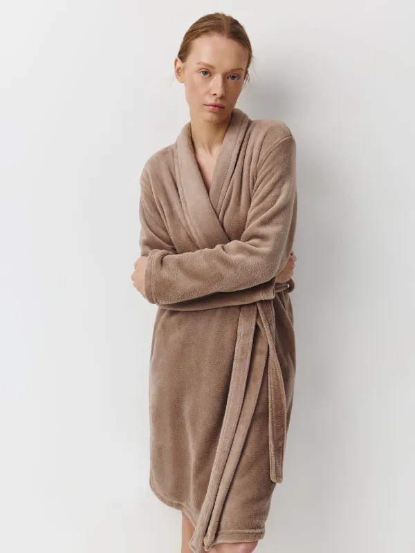 Women's robe, homewear, size L-XL, Long sleeve, polyester, mocha, Drew, image-0
