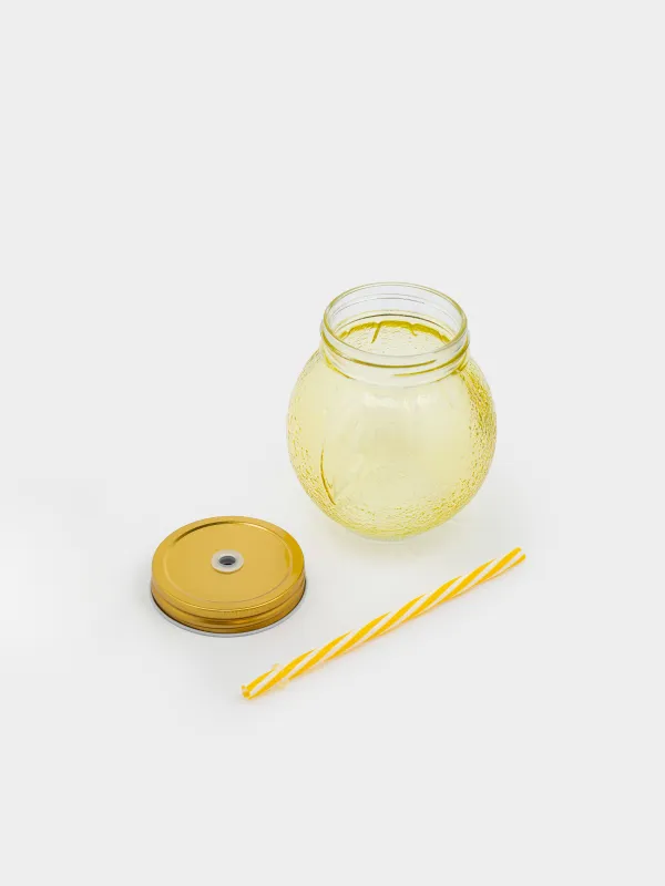 Beverage can, 450 ml, with lid and straw, glass / metal, yellow, Summer drink, image-3