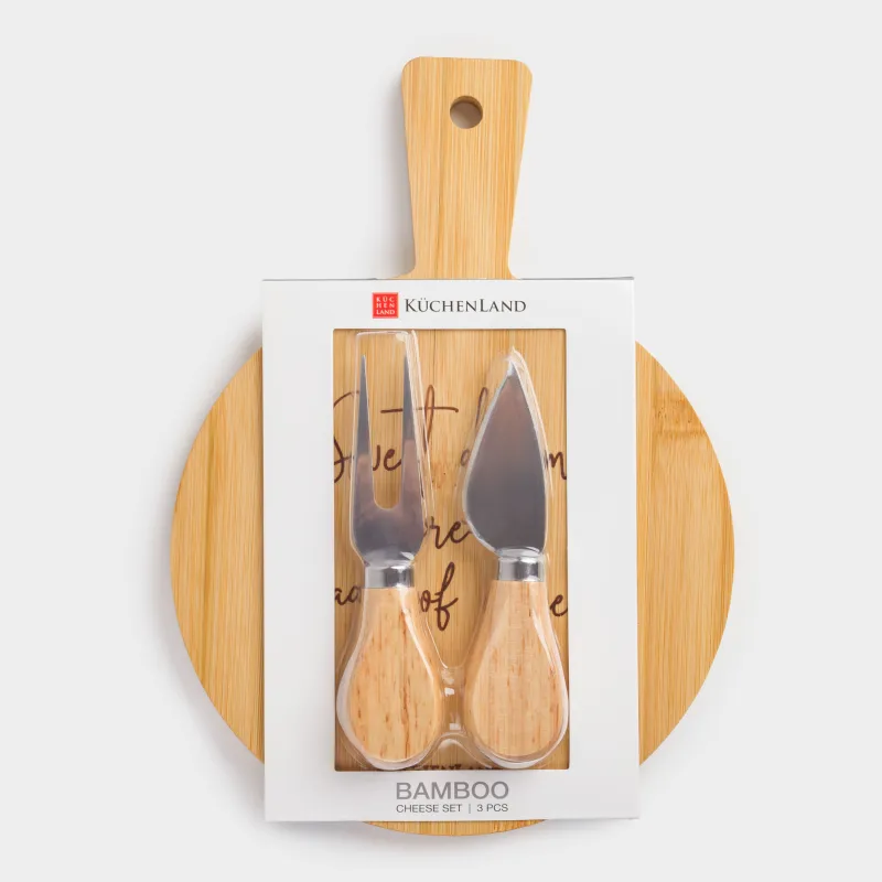 Cheese set, 3 items, dish board with handle, bamboo / steel, round, Cheese, bamboo, image-5
