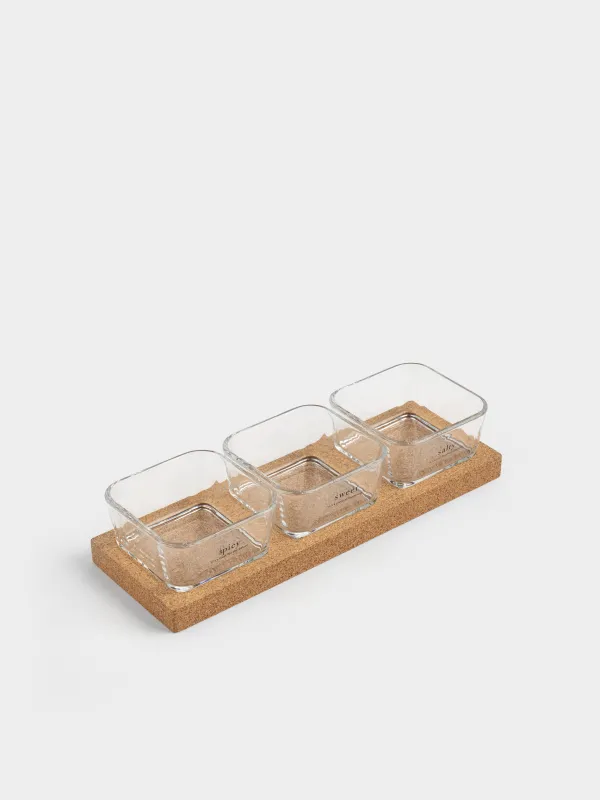 Snack set, 3 items, on a stand, Glass / cork, Clear cork, image-0