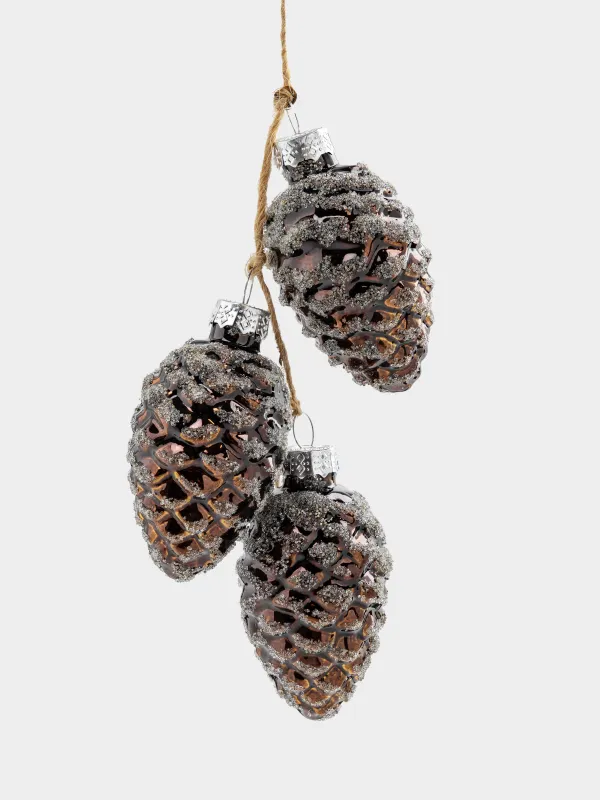 Christmas tree toy, 15 cm, glass, with glitter, bronze, Cones, Pine christmas, image-0