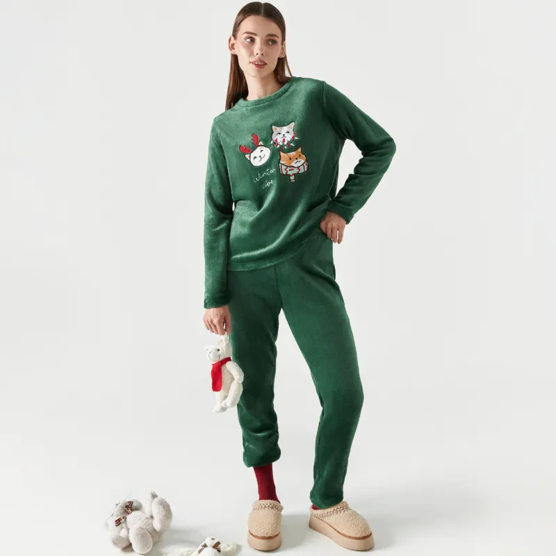Women's two piece set, homewear, size L, with trousers, fleece, green, Cats, Amber
