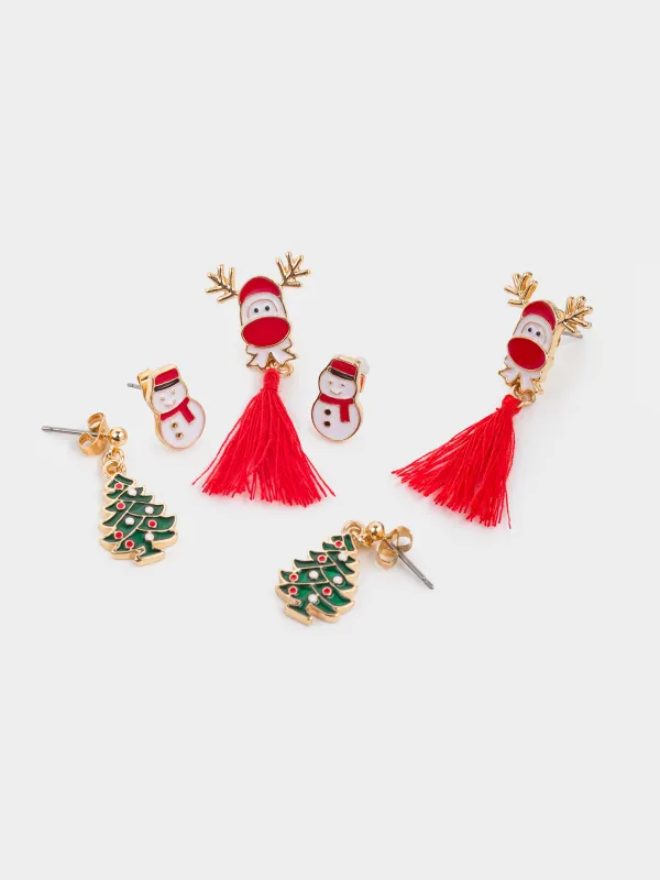 Stud earrings, 1/2/4 cm, 6 pieces, metal, gold, Snowman/Christmas Tree / Deer, Jewelry christmas, image-0