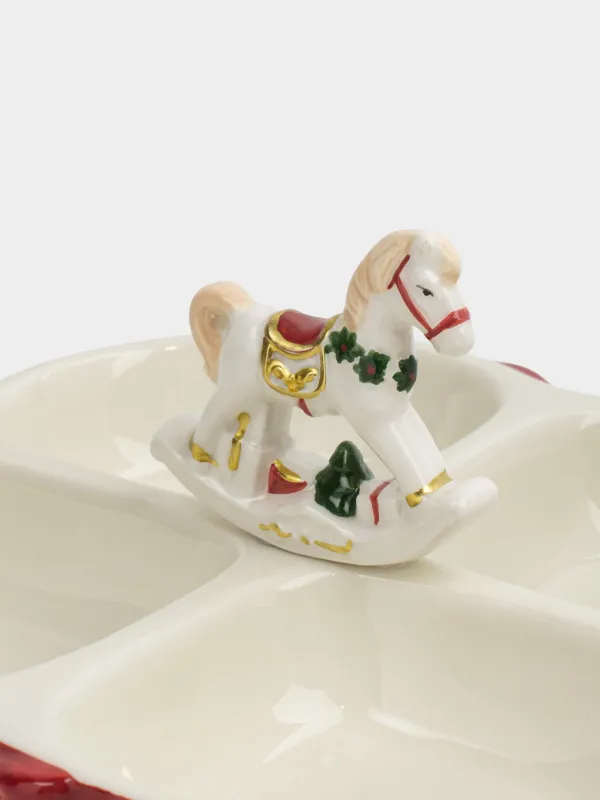 Divided plate, with decor, 24x11 cm, 4 compartments, ceramic, white and red, rocking horse, Christmas miracle classic, image-1