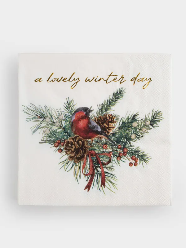 Paper napkins, 33x33 cm, 20 pcs, square, white, Bullfinch on a branch, Christmas miracle, image-0