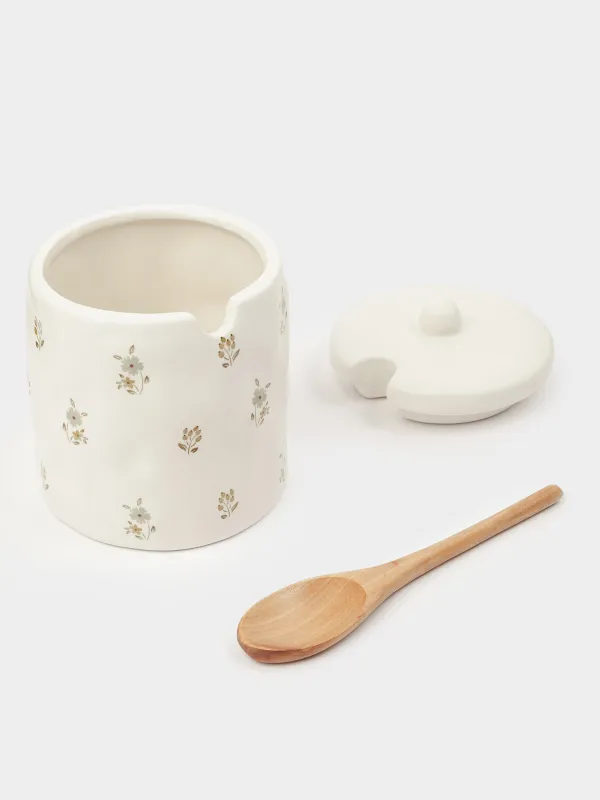 Sugar bowl, 11 cm, 370 ml, with spoon, ceramic / wood, milk, Vintage flowers, La flore, image-1