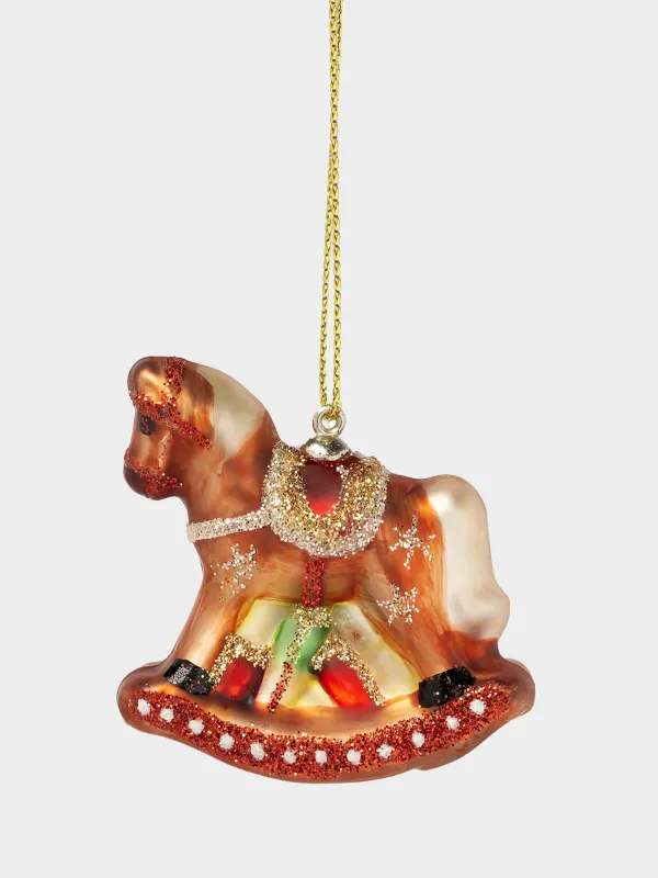 Christmas tree toy, 4 cm, glass, with glitter, brown, Rocking horse, Figure christmas, image-0