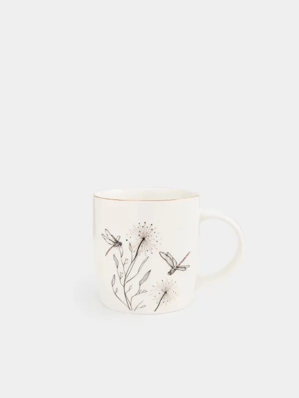 Mug, 380 ml, porcelain N, white, with golden edging, Dragonflies and dandelions, Dragonfly, image-0