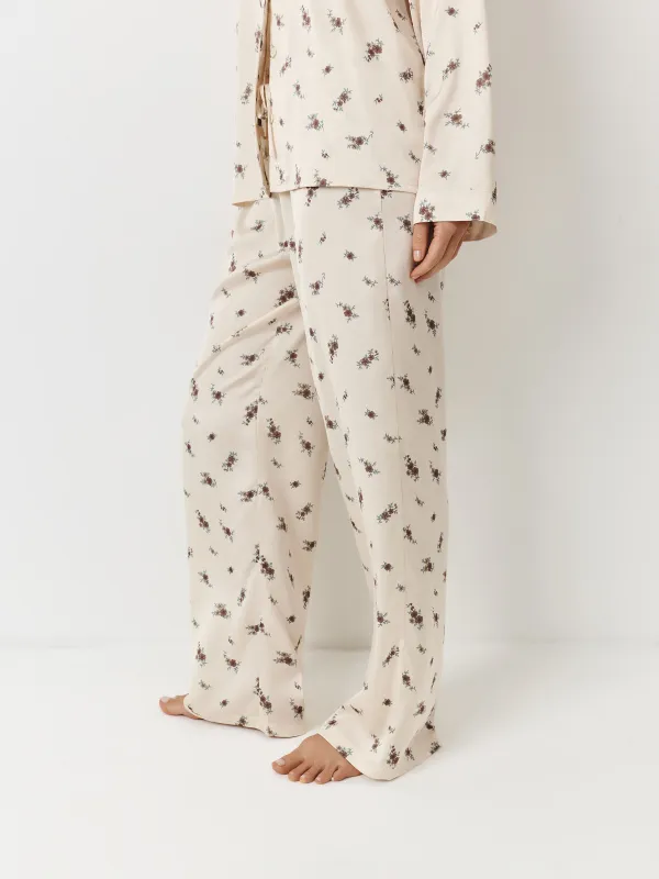 Women's trousers, homewear, size L, polyester, milky, Flowers, Roktania, image-2