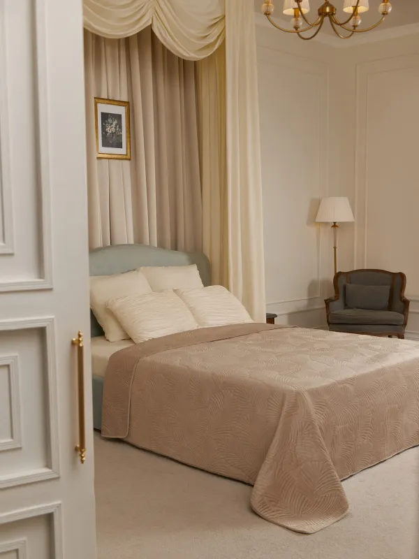 Bedspread, 220x240 cm, quilted, polyester, beige / gray, Palm leaf, Stitch velvet, image-4