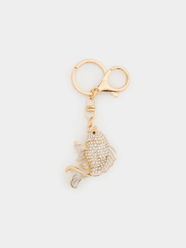 Keychain, 12 cm, metal / rhinestones, gold, Fish, Keychain crystal, image-0