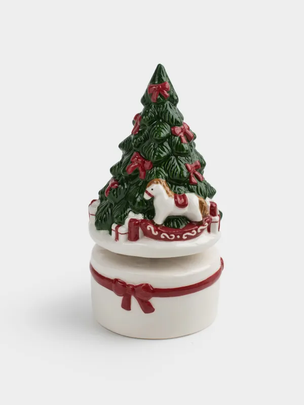 Statuette, musical, 15 cm, wind-up, ceramic, Bear and horse by the fir tree, Christmas traditions, image-4