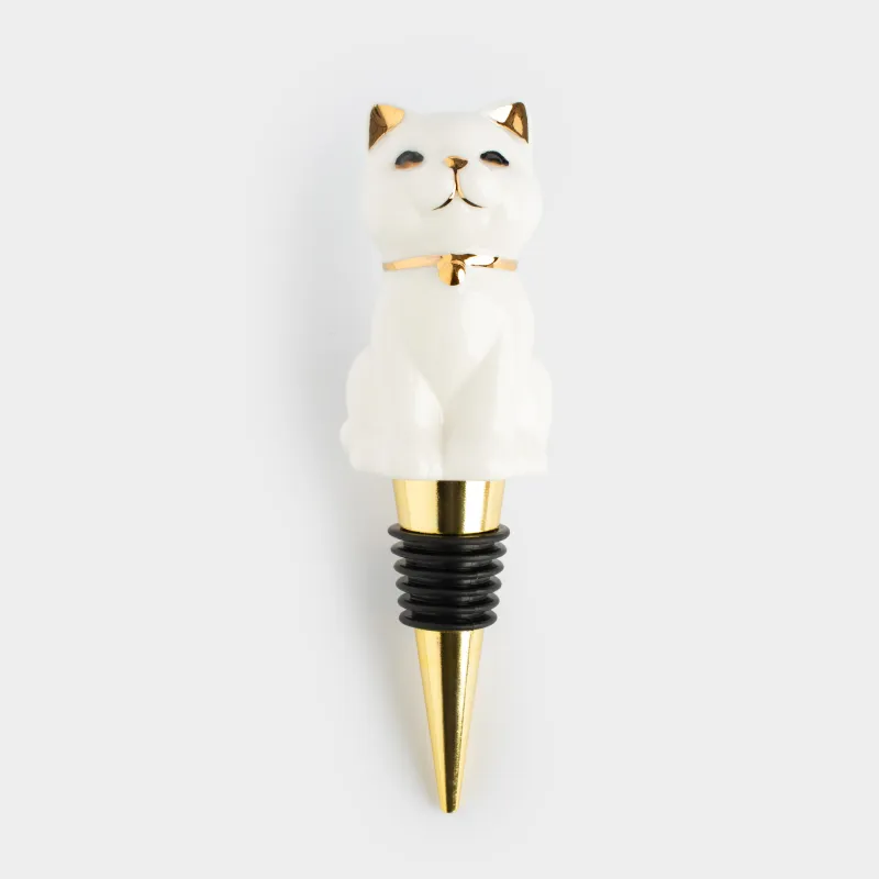 Bottle stopper, 13 cm, steel / porcelain P, white and gold, Cat, Cat