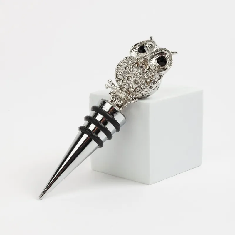 Beverage bottle stopper, 11 cm, metal/rhinestones, silver, Owl, Birds, image-1