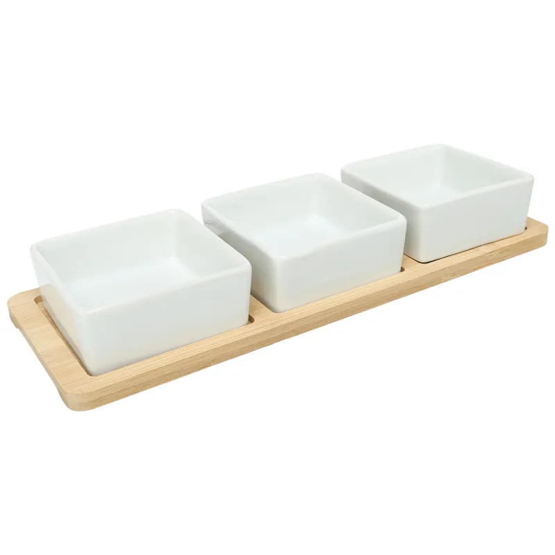 Snack set, 3 items, on a stand, ceramic / bamboo, square bowls, Bamboo