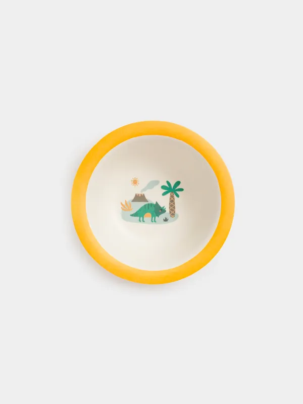 Soup plate, children's, 15x4 cm, bamboo, yellow, Dinosaur and palm tree, Dino, image-2