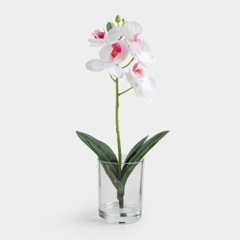 Artificial bouquet, 26 cm, in a vase, TEP / glass, White orchid, Orchid