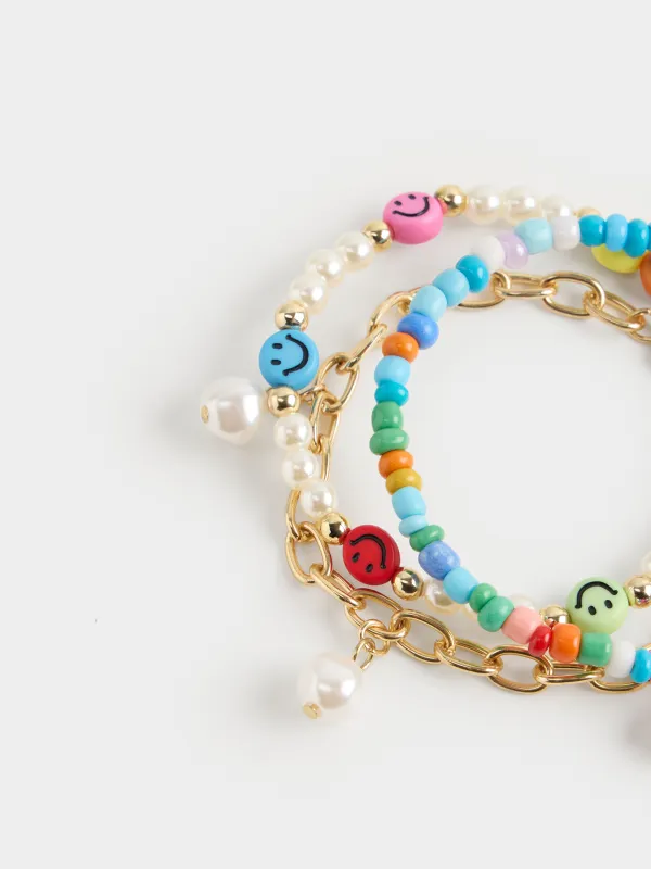 A bracelet, 18/20 cm, 3 pcs, plastic / metal, mix, emoticons and pearls, Pearl color, image-4