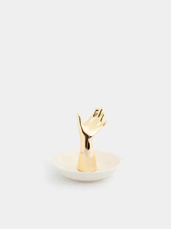 Jewelry holder, 10 cm, ceramic, white and gold, Hand, Hand, image-0