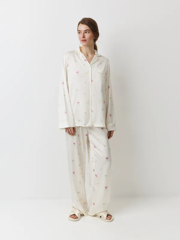 Women's trousers, homewear, size L, polyester, milky, Flowers, Sevilla, image-0