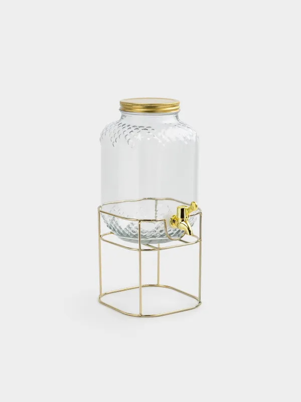 Set for drinks, 4 pers, 5 pr, dispenser on stand, gold, glass / metal, Regale, image-2