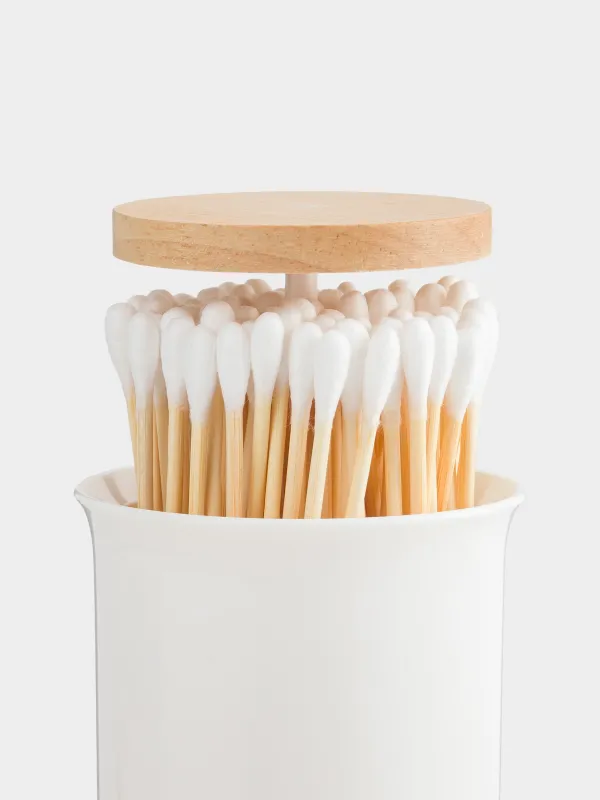 Cotton swab container, 12 cm, plastic / rubber wood, White, White style, image-7