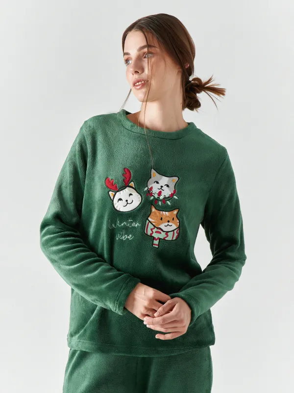 Women's two piece set, homewear, size S, with trousers, fleece, green, Cats, Amber, image-1