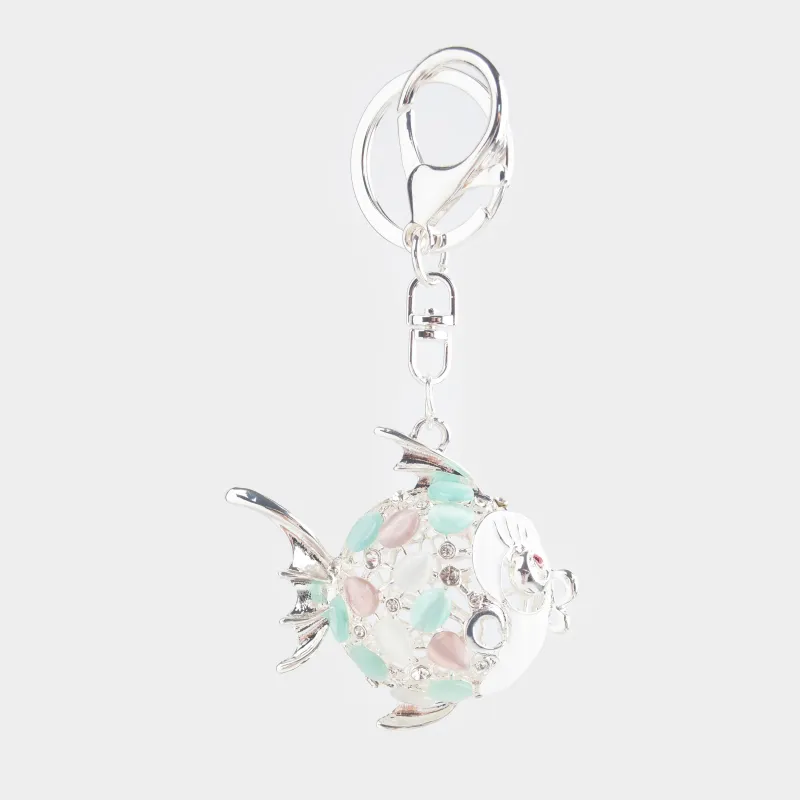 Keychain, 12 cm, metal / rhinestones, gold, Fish ball, Keychain crystal