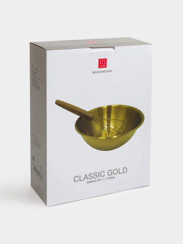 Baking set, 2 items, bowl / whisk, with measuring scale, steel / wood, golden, Classic gold, image-7