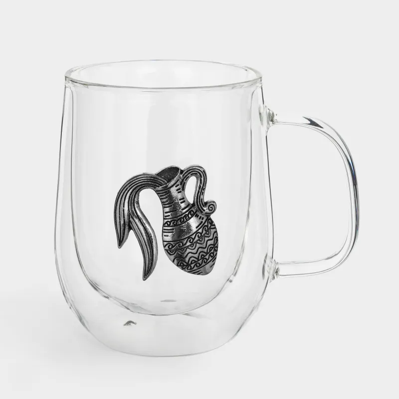 Mug, 350 ml, glass B / metal, silver, Aquarius, Air zodiac, image-0