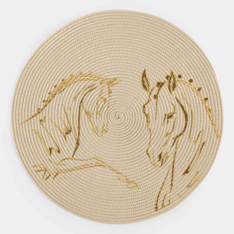 Placemat, 38 cm, polyester, round, milky, Horses, Circle embroidery