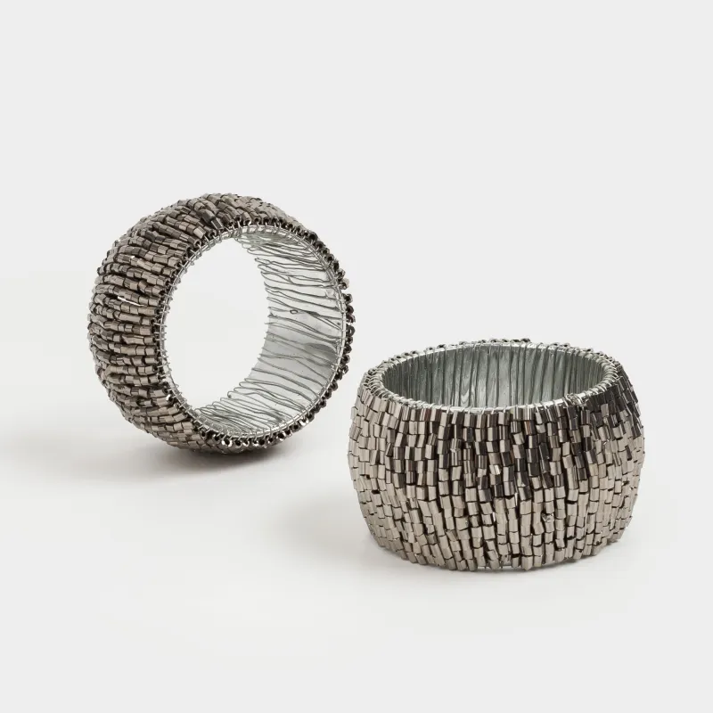 Napkin ring 5 cm, 2 pcs, beads, round, dark gray, Shiny beads, image-0