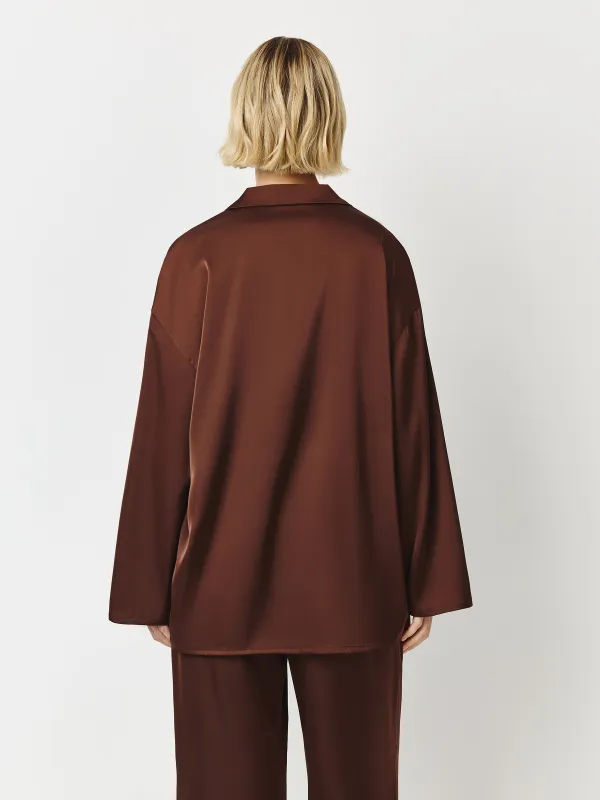 Women's shirt, homewear, size L, with long sleeve, with ties, polyester, brown, Derin, image-4