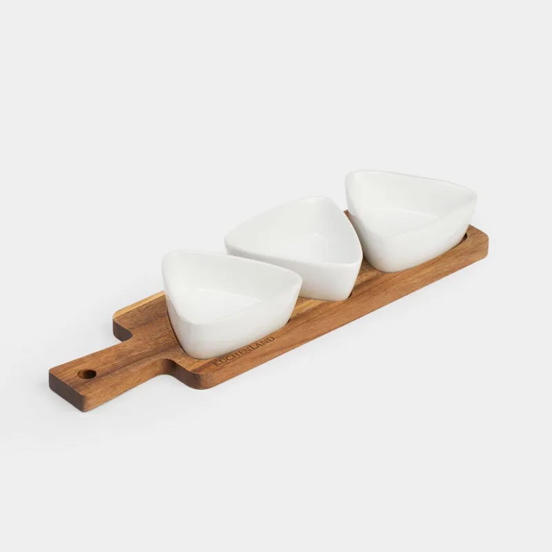 Snack set, 3 items, on a stand, ceramic / wood, white, Triangles, Noble tree