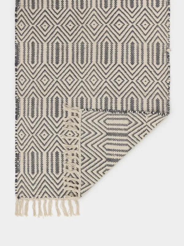 Rug, 60x90 cm, fringed, cotton, black and milk, Rhombic, image-3