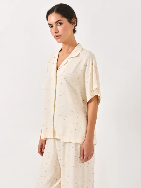 Women's shirt, homewear, size L, with short sleeves, viscose, milky, Stars, Dina, image-3