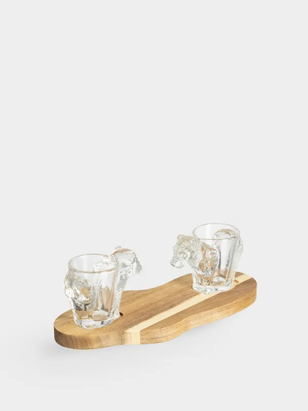 Drinking glass, 40 ml, 2 pcs, on a stand, glass/wood, Bear, Noble tree, image-1