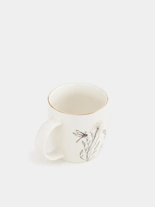 Mug, 380 ml, porcelain N, white, with golden edging, Dragonflies and dandelions, Dragonfly, image-1