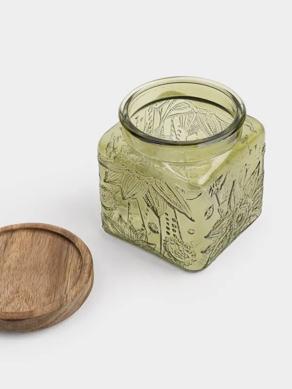 Bulk products jar, 550 ml, glass R / wood, green, Flowers, Bloome wood, image-4