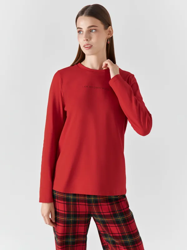 Women's two piece set, homewear, size L, with trousers, cotton, green-red, Checkered / Heart, Anllela, image-1