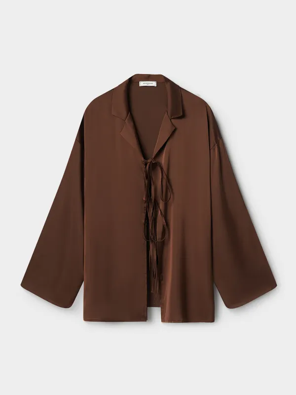 Women's shirt, homewear, size S, with long sleeve, drawstring, polyester, brown, Derin, image-6