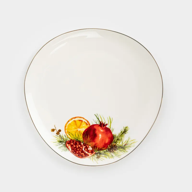 Snack plate, 21 cm, porcelain N, white, with golden edging, Pomegranates and orange, Christmas miracle