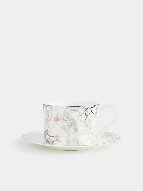 Tea pair, 1 person, 2 items, 350 ml, porcelain F, white and gold, Bees with flowers, Honey, image-0