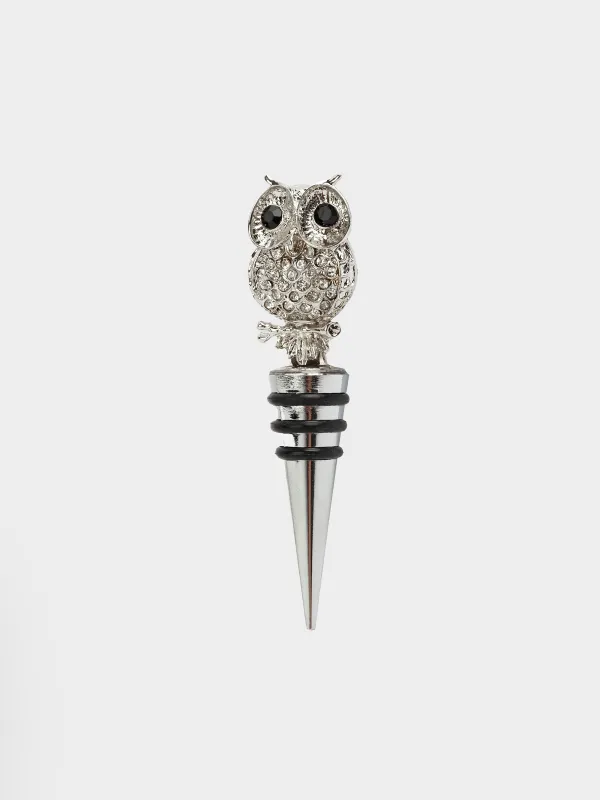 Beverage bottle stopper, 11 cm, metal/rhinestones, silver, Owl, Birds, image-0