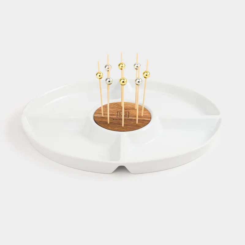 Divided plate, 27x22 cm, 4 compartments, with skewers, porcelain / bamboo, white, Light kitchen