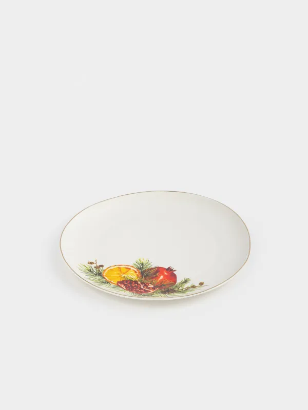 Dinner plate, 28 cm, porcelain N, white, with golden edging, Pomegranates and orange, Christmas miracle, image-1