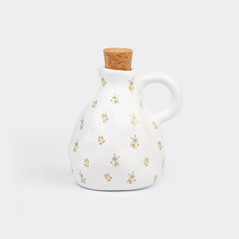 Oil or vinegar container, 350 ml, with handle, ceramic / cork, milky, Vintage flowers, La flore