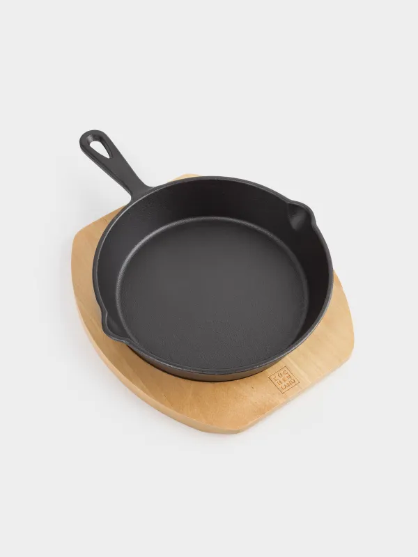 Frying Pan with base, 20 cm, cast iron/wood, round, black, Authentic, image-3